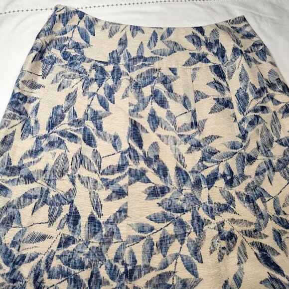 ANN TAYLOR Beige Silk Linen Blend Blue Leaf Print Knee Length A-Line Skirt 0 - Picture 4 of 12